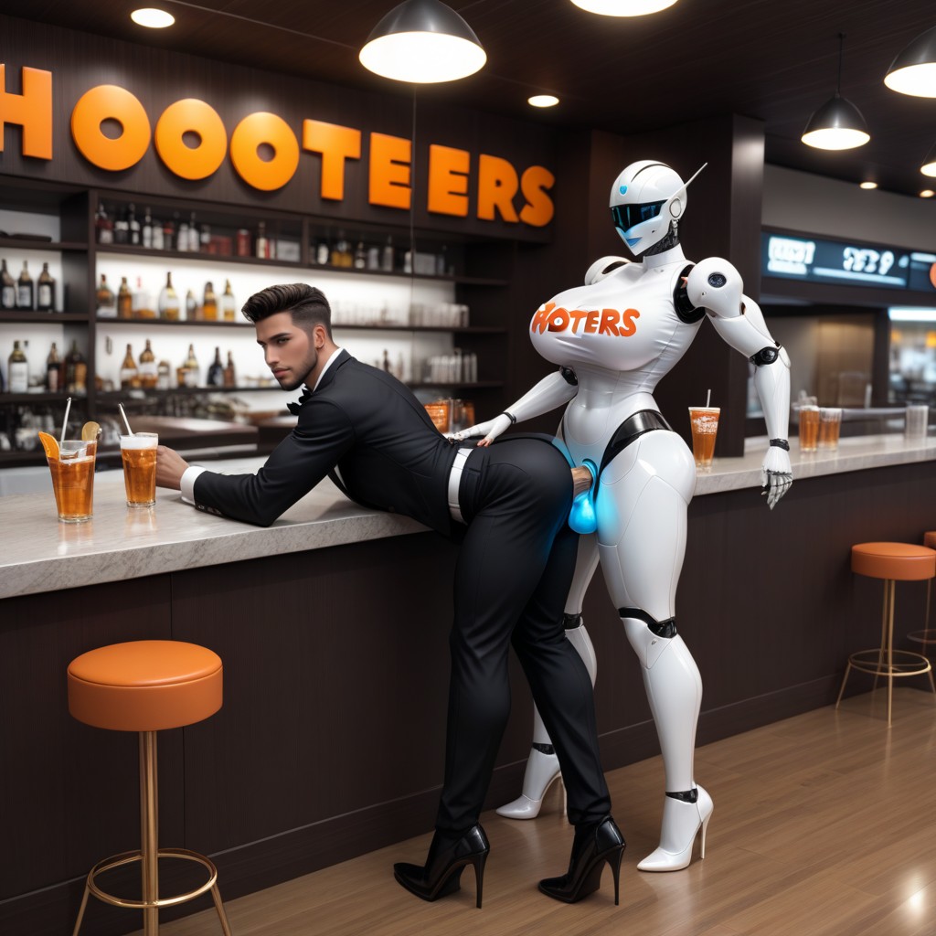 Futa Nailing Man, Femdom, Robot Futa Hooters Waitress Wearing Tall High Heeled Wedges And Clear Latex Porno IA latina
