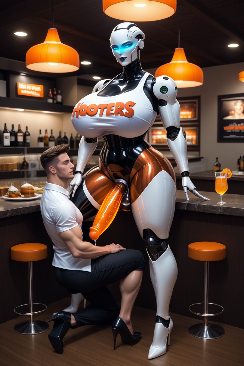18+, 2 Personnes, Robot Futa Waitress Thrusting Into Ass Of Male Porno IA Latina