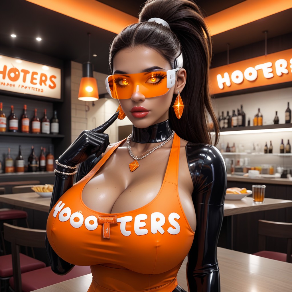 Bimbo, Robot Futa Hooters Waitress Wearing Tall High Heeled Wedges And Clear Latex, Cola De Caballo Porno latina IA