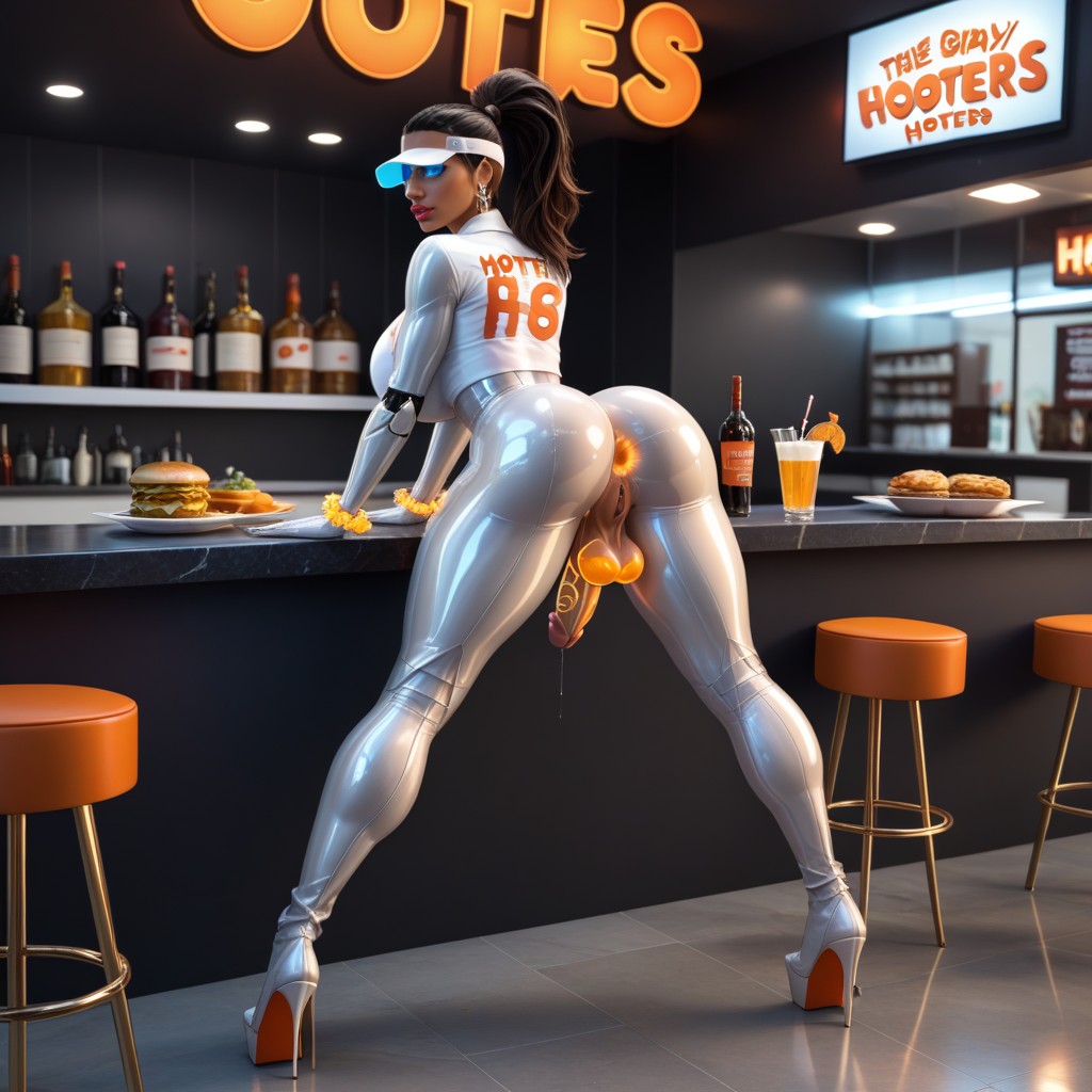 18+, Transparent Latex Hooters Waitress With Metallic Robot Penis, Petit Cul Porno IA Latina