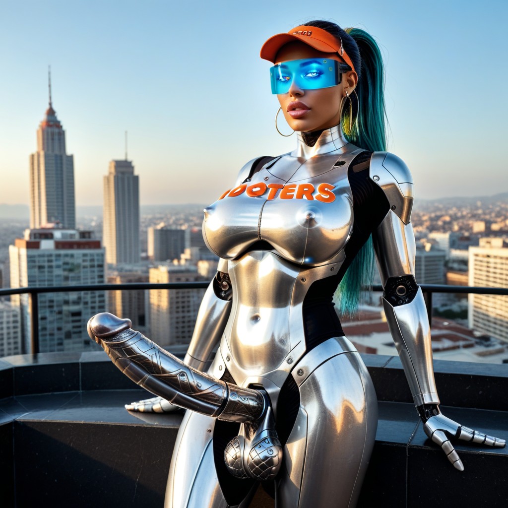 Ojos Medio Cerrados, Futanari Robot Has Pure Mechanical Robotic Shiny Metallic Penis, Balls Of Futanari Are Shiny Metallic Porno latina IA