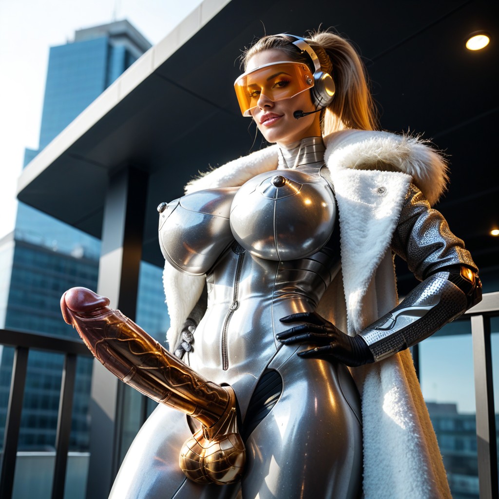 Long Length, Balcony, Futanari Robot Has Shiny Metallic Robot Penis Consisting Of Metallic Segments And Shiny Metallic Head Latina AI Porn