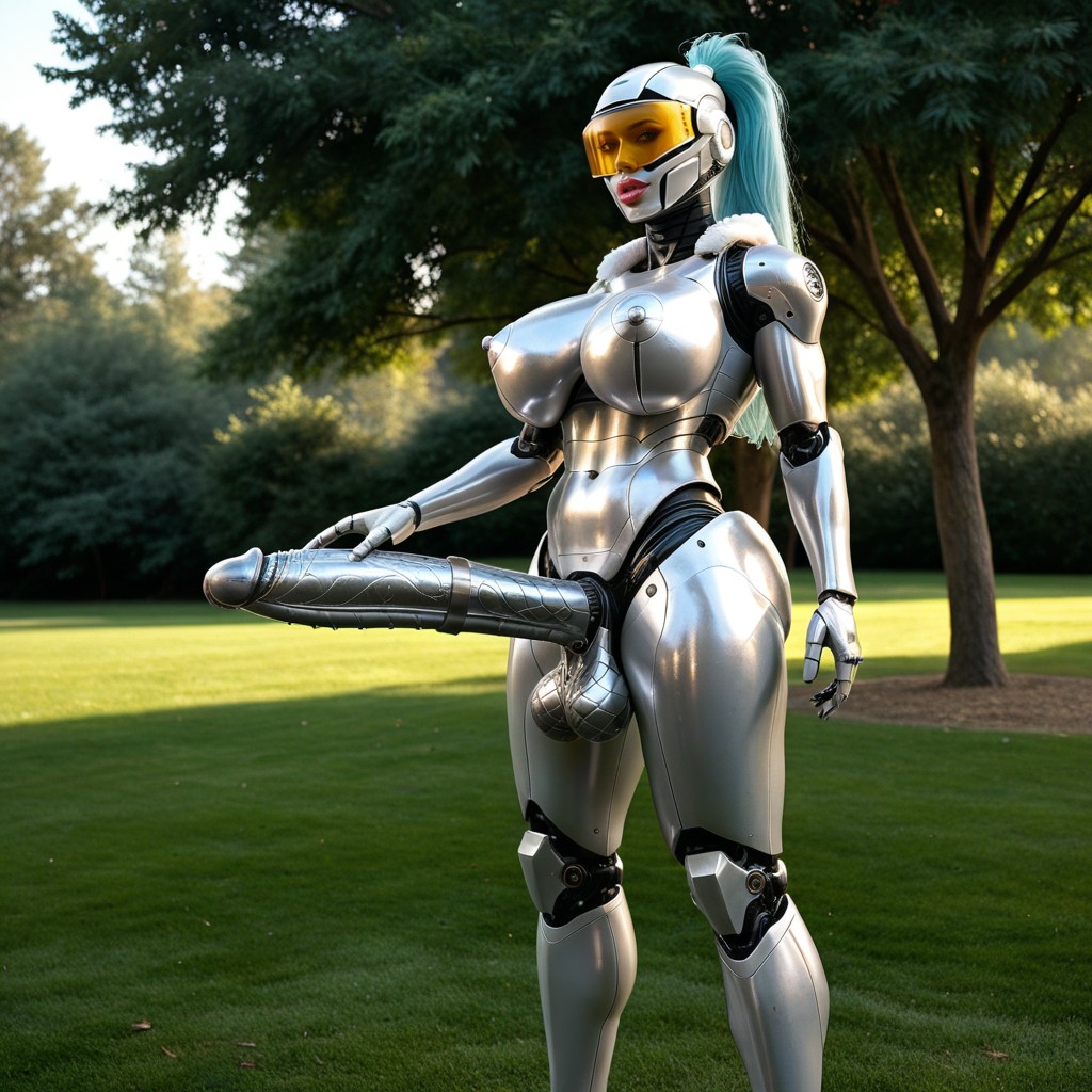 Futanari Robot Has Huge Shiny Metallic Penis With Robotic Design, Fur Coat, Long Length Latina AI Porn