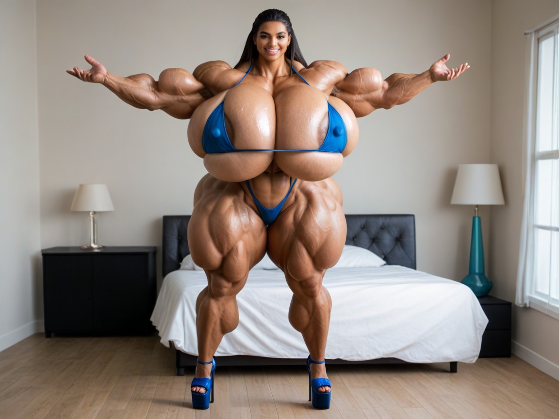 Massive Musclesmuscular Mega Massive Muscles Muscular Mega Female, Sonrisa Diabólica, Round Fake Boobs Porno latina IA