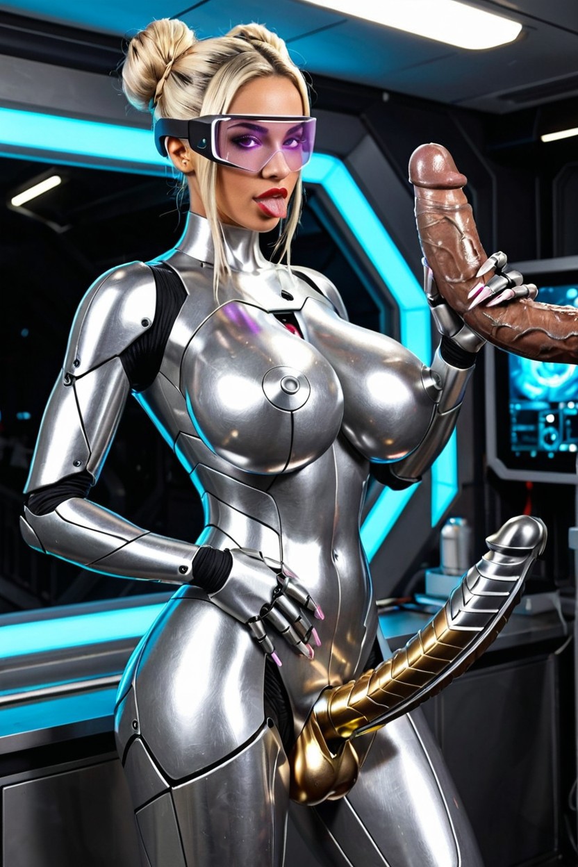 Futanari Robot Has Huge Shiny Metallic Penis With Robotic Design, Futanari Robot Has Metallic Robot Balls, Robot Balls Of Futanari Are Shiny Metallic Latina AI Porn