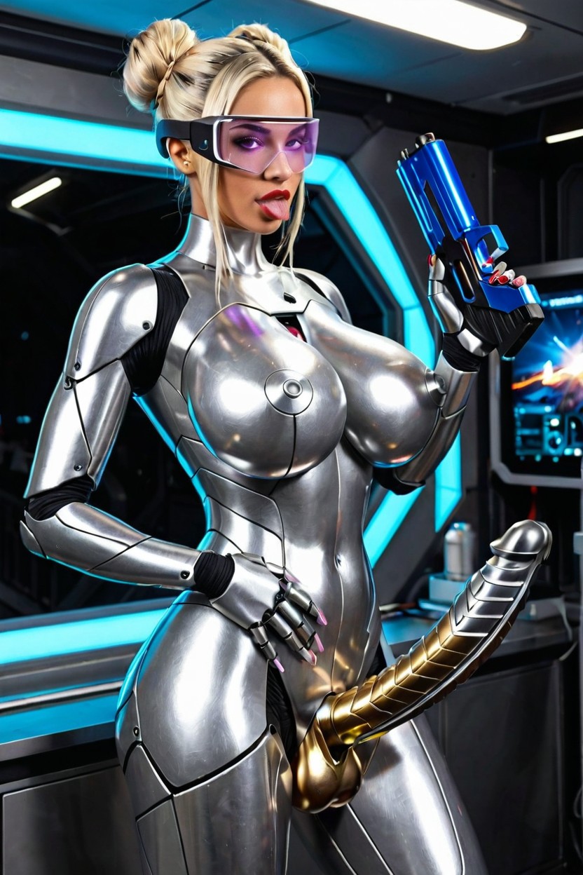 Futanari Robot Holds Shiny Metallic Glowing Plasma Gun, She Holds Plasma Gun, Futanari Robot Holds Plasma Gun 라틴 AI 야짤