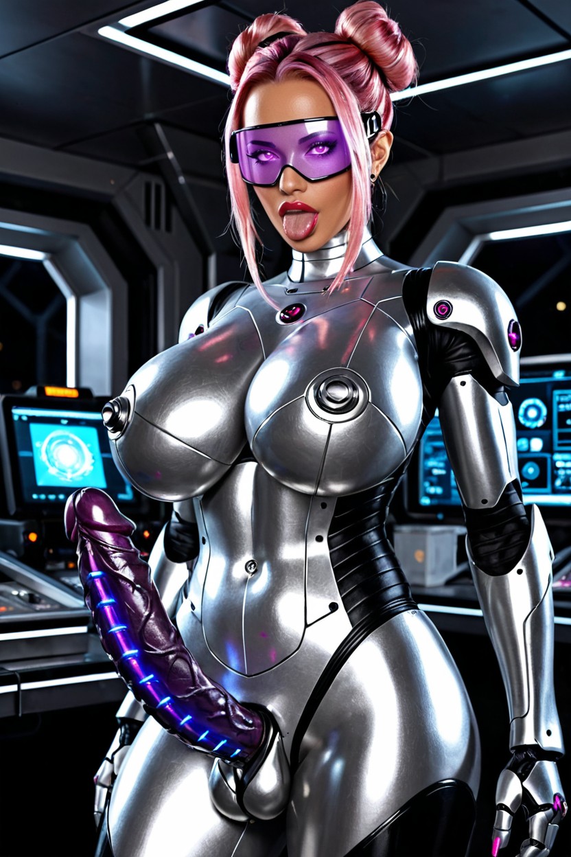 Pezones Erectos, Futanari Robot Is Equipped With Shiny Metallic Penis Attached To Her Crotch, Expansión De Senos Porno latina IA
