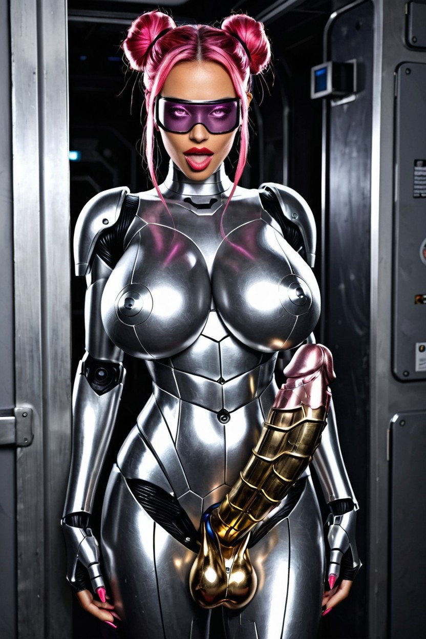 Metallic Nipples, Futanari Robot Has Shiny Metallic Robot Penis With Shiny Metallic Head, Futanari Robot Has Pure Mechanical Robotic Shiny Metallic Penis Porno latina IA