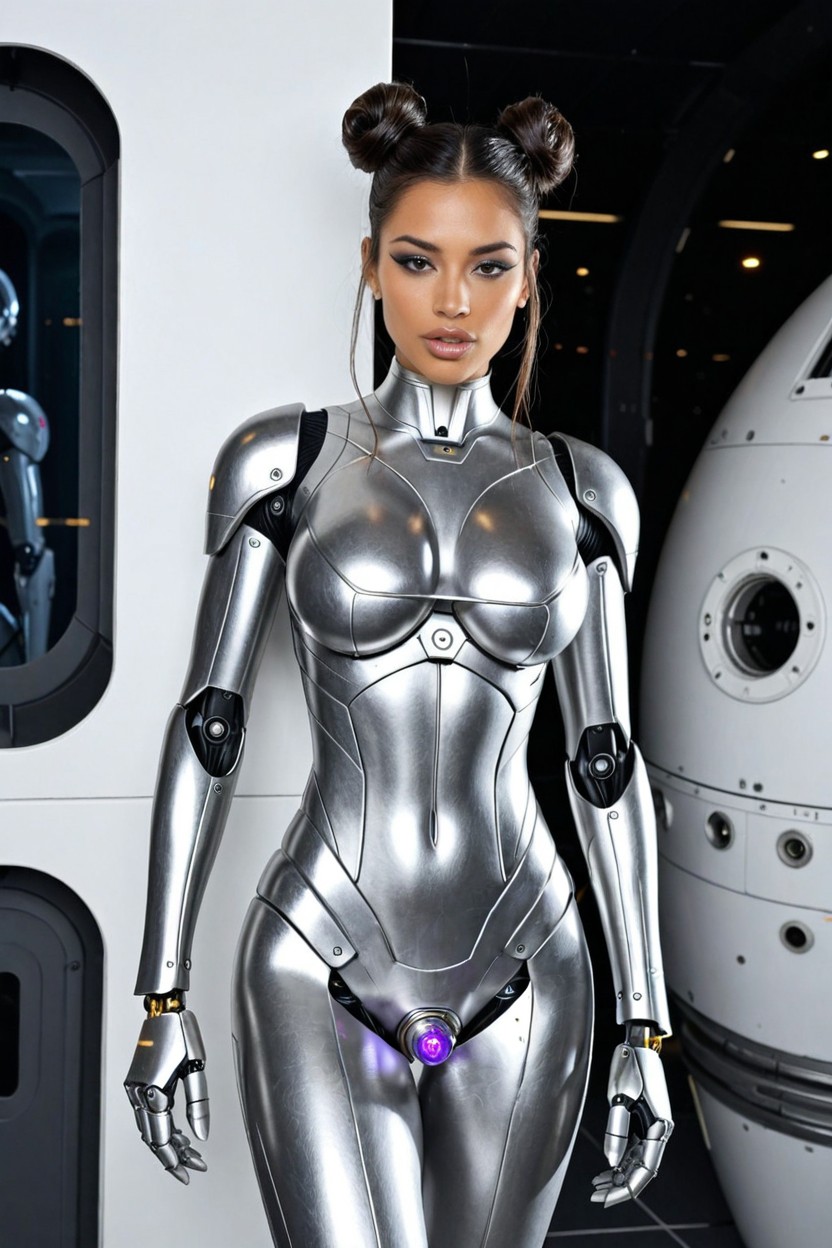 Futanari Robot Has Pure Mechanical Robotic Shiny Metallic Penis Glowing With Violet Lights, Balls Of Futanari Are Shiny Metallic, Penis Of Futanari Robot Is Shiny Metallic With Mechanical Look Latina AI Porn