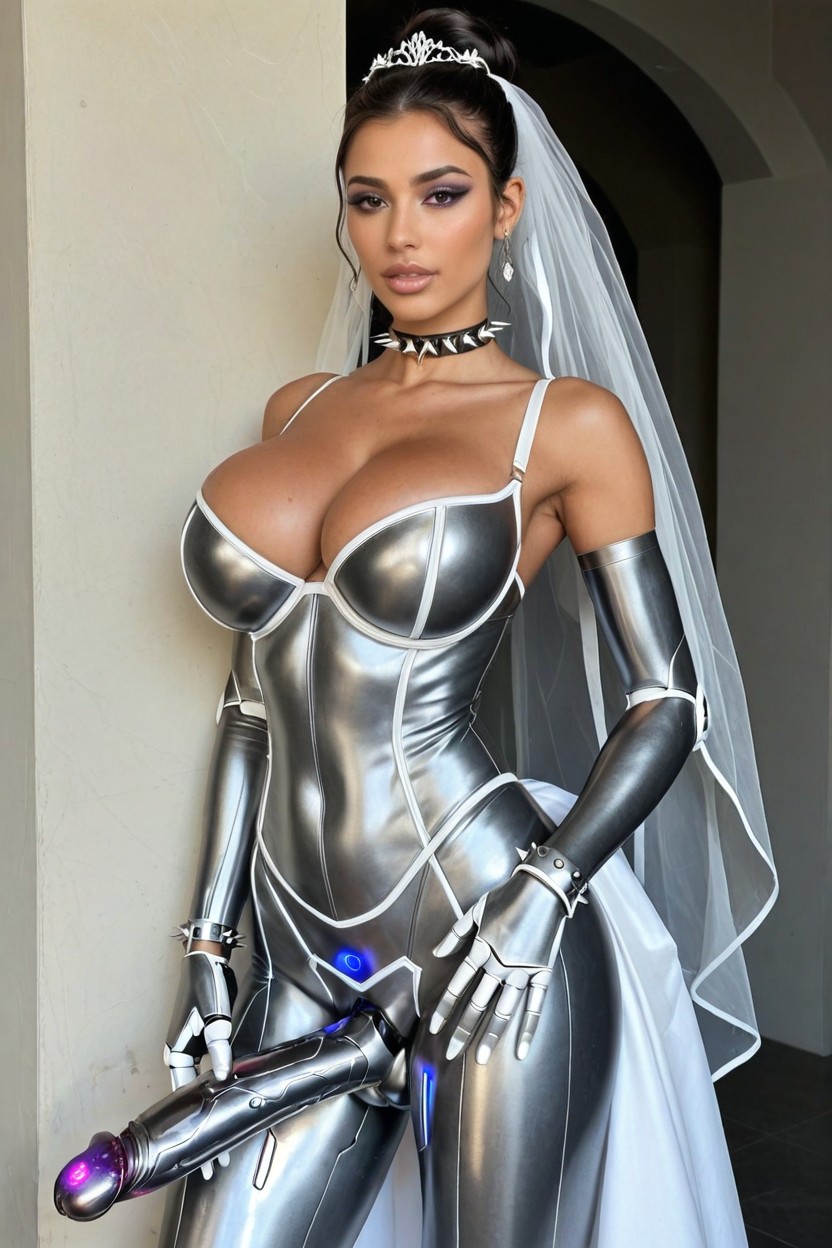 Futanari Robot Has Huge Shiny Metallic Penis With Robotic Design, Futanari Robot Has Shiny Metallic Robot Penis Consisting Of Metallic Segments And Shiny Metallic Head, Futanari Robot Has Huge Shiny Metallic Penis With Robotic Design Glowing With Violet Lights Porno IA Latina