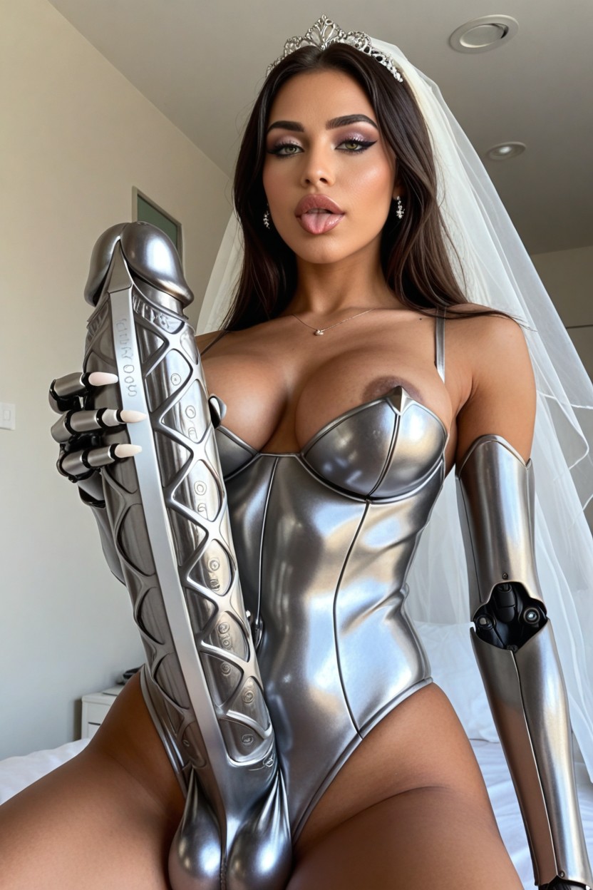 De Baixo Para Cima, Futanari Robot Has Mechanical Robot Penis Consisting Of Shiny Metallic Segments And Shiny Metallic Head, Mamilos Erectos Porno IA latina