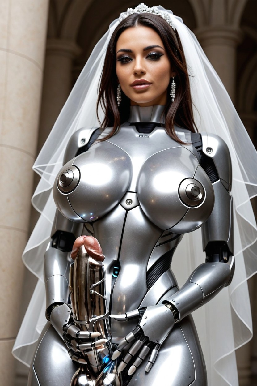 Bride Veil, Futanari Robot Has Huge Shiny Metallic Penis With Robotic Design, Balls Of Futanari Are Shiny Metallic ラティーナAIエロ