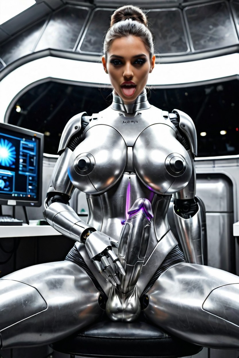 Futanari Robot Has Huge Shiny Metallic Penis With Robotic Design, Robot Balls Of Futanari Are Shiny Metallic, Futanari Robot Has Huge Shiny Metallic Penis With Robotic Design Glowing With Violet Lights Porno latina IA
