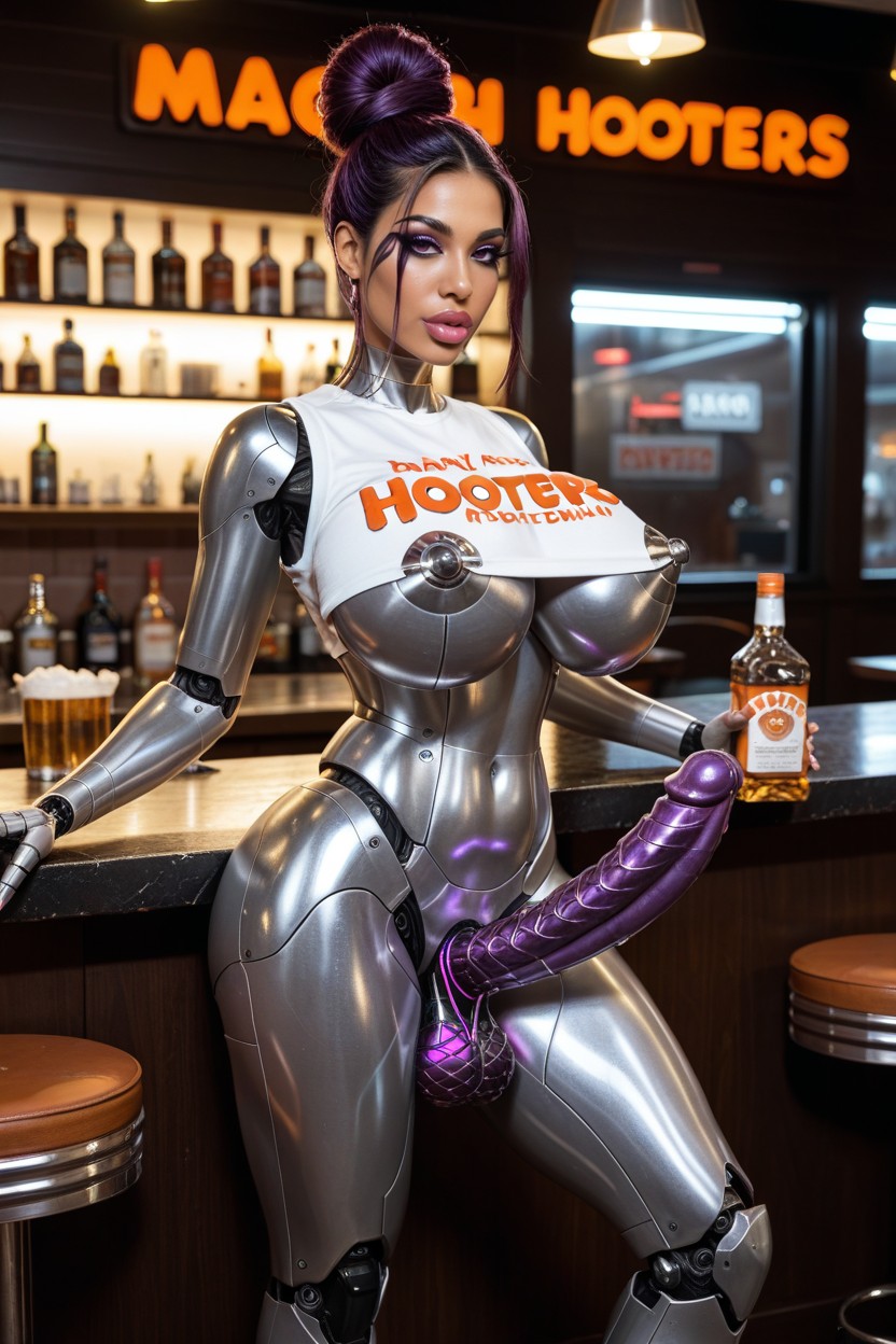 Futanari Robot Has Glowing Metallic Robot Balls, Pelo Morado, Futanari Robot Has Pure Mechanical Robotic Shiny Metallic Penis Porno latina IA