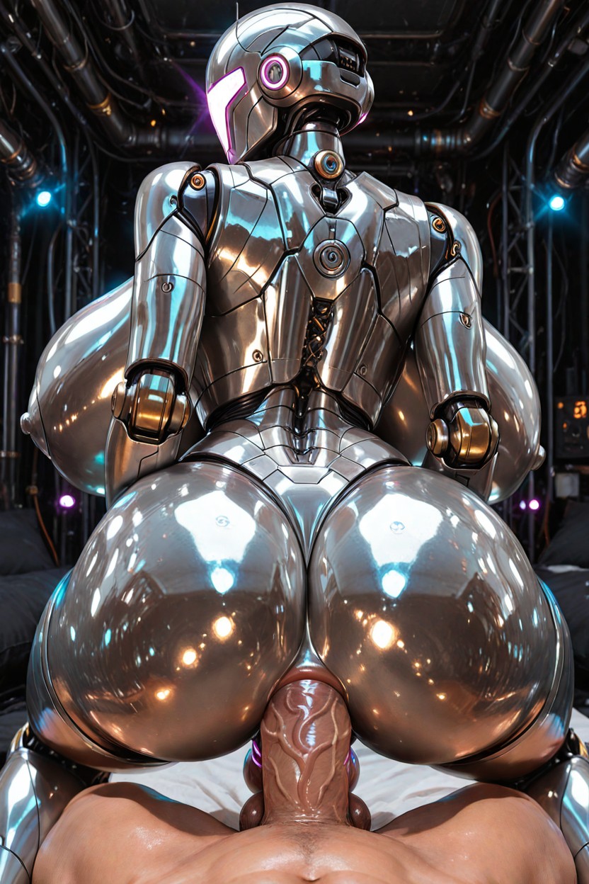 Pov Reverse Cowgirl Vaginal, Futanari Robot Has Mechanical Robot Penis Consisting Of Shiny Metallic Segments And Shiny Metallic Head, She Wears Clear Transparent Latex Top Latina AI Porn