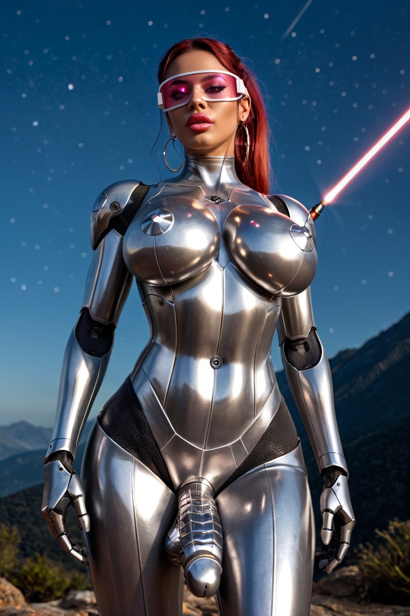 Metallic Nipples, Sitting Legs Apart, Side Bangs Latina AI Porn