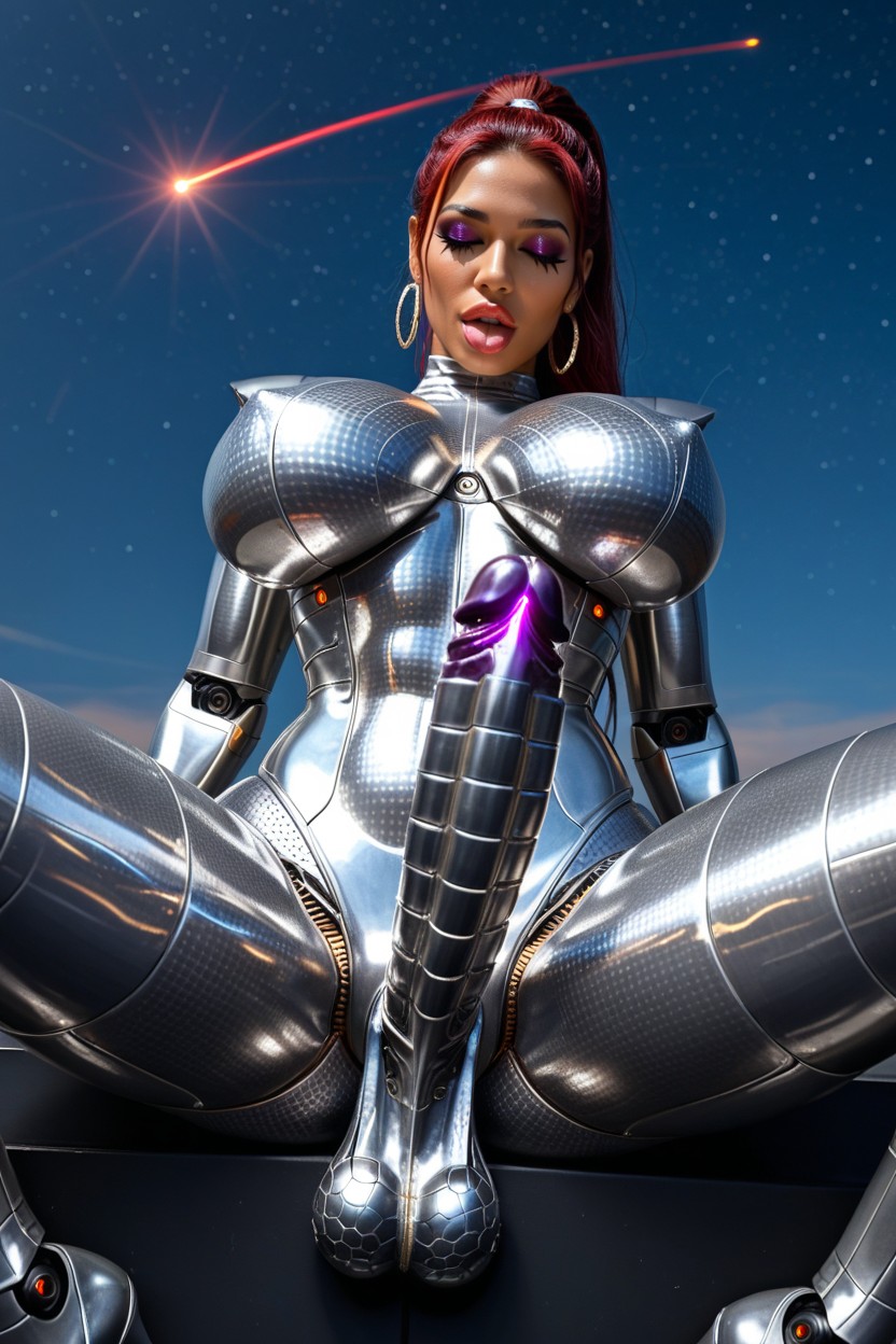Futanari Robot Has Mechanical Robot Penis Consisting Of Shiny Metallic Segments And Shiny Metallic Head, Ojos Brillantes, Pelo Rojo Porno latina IA