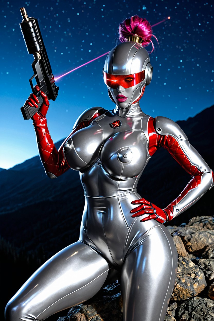 Hard Light, Balls Of Futanari Are Shiny Metallic, Penis Of Futanari Robot Is Shiny Metallic With Mechanical Look Glowing Violet Lights On Sides Latina AI Porn