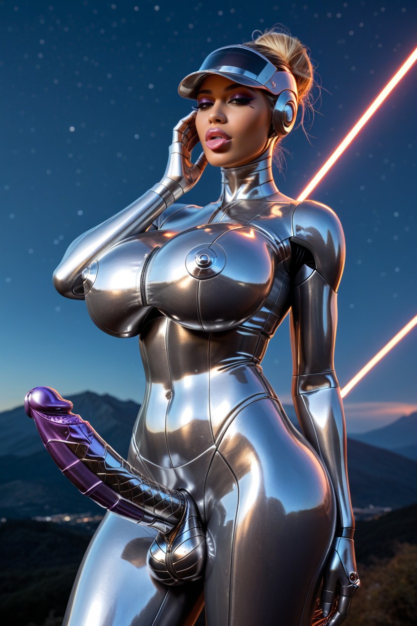 Mountains, Bimbo Makeup, Futanari Robot Has Huge Shiny Metallic Penis With Robotic Design Latina AI Porn
