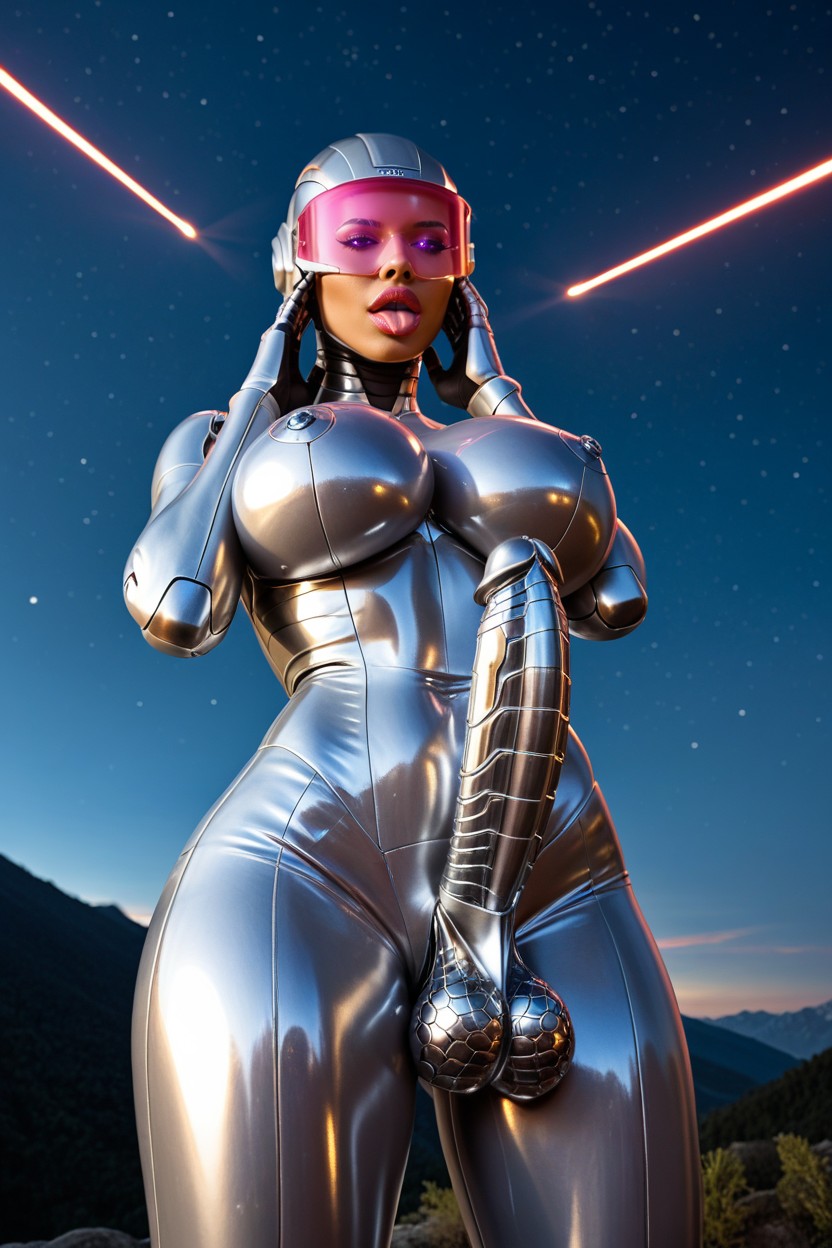 Mountains, Futanari Robot Has Mechanical Robot Penis Consisting Of Shiny Metallic Segments And Shiny Metallic Head, Futanari Robot Has Metallic Robot Balls Latina AI Porn