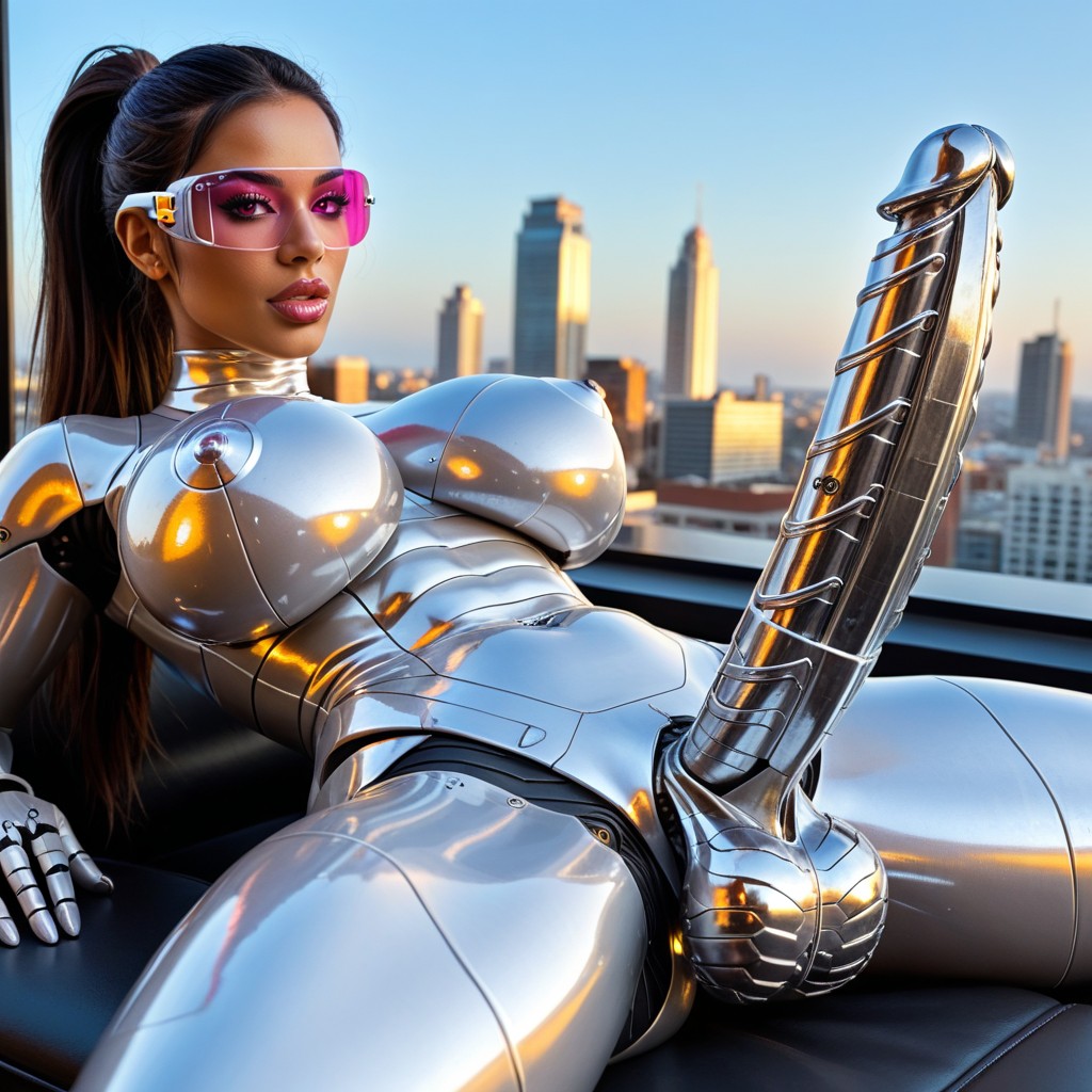 Lèvres Pleines, She Is Lounging In Futuristic Copper Metallic Seat, Futanari Robot Has Pure Mechanical Robotic Shiny Metallic Penis Porno IA Latina