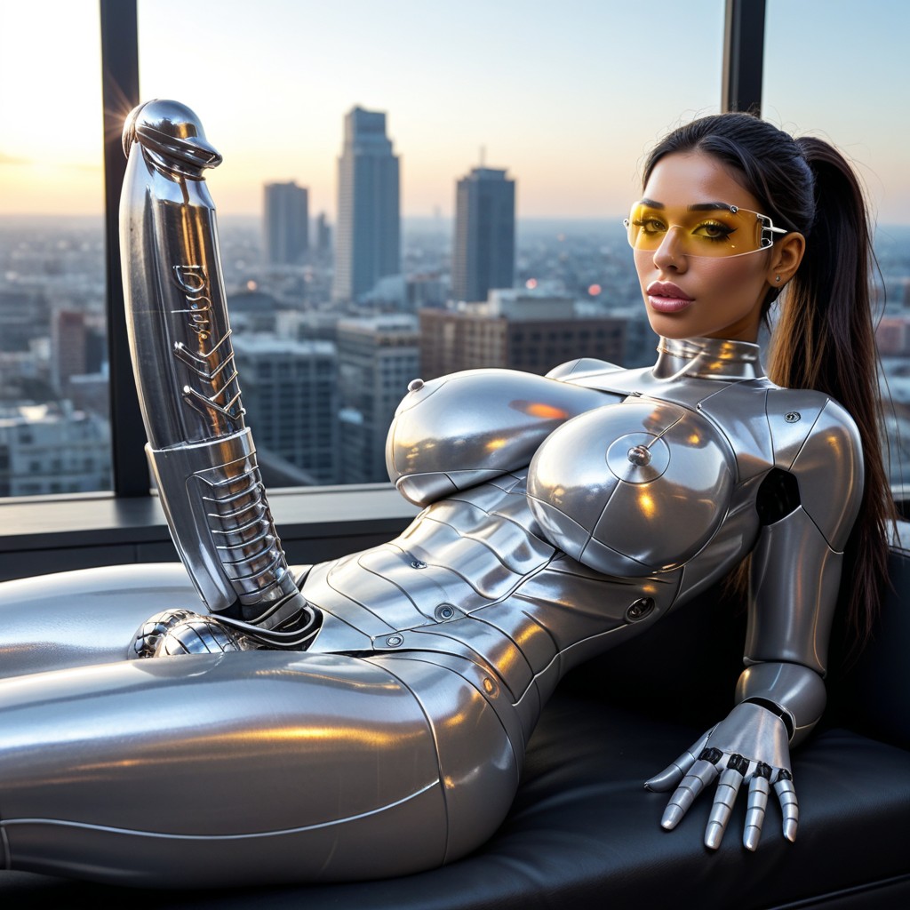 Lèvres Pleines, She Is Laying On Copper Metallic Futuristic Seat, Her Seat Is Made From Shiny Copper Metallic Material Porno IA Latina