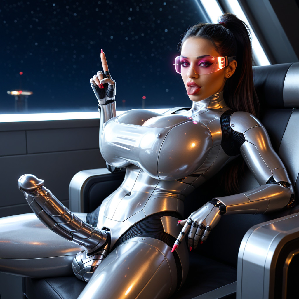 Shiny Silver Helmet, Her Seat Is Made From Shiny Clear Glass, Robot Balls Of Futanari Are Shiny Metallic 라틴 AI 야짤